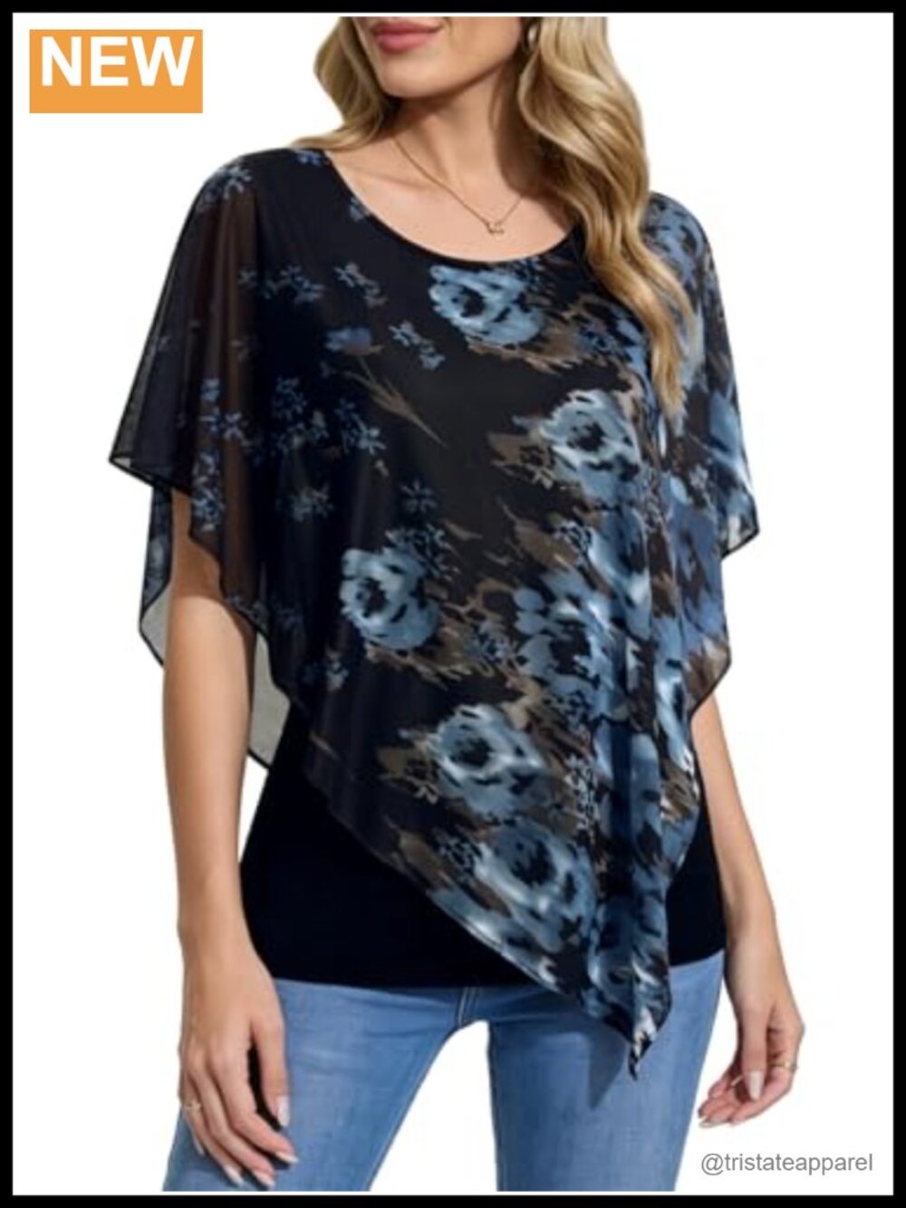 Women's Lightweight Mesh Double-Layered Asymmetrical Flowy Poncho Blouse
